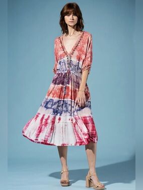 Heritage Wash Boho Rayon Tie-Dye V-Neck Midi Dress - Red, White & Blue